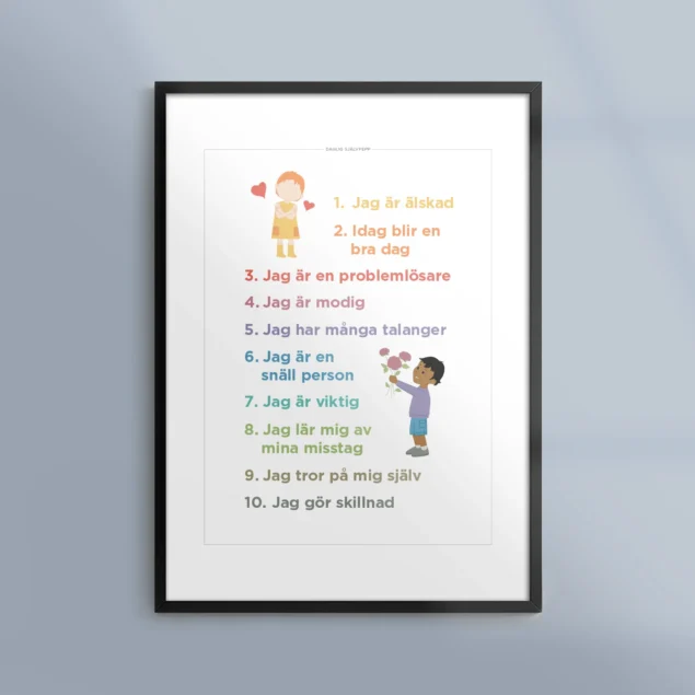 Poster-Tavla-Affirmationer-Sjalvpepp-Sjalvkansla-Ram-Kunskapat